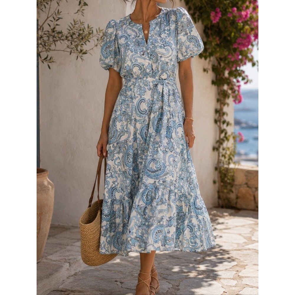 NWT Blue Paisley Puff Sleeve Maxi Dress Cottagecore Tiered Ruffle L Venus Cute
